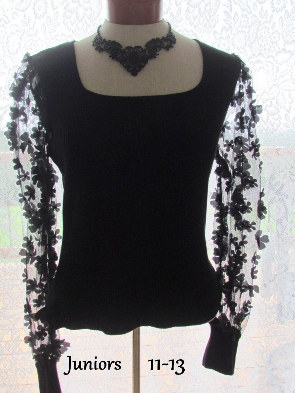 BLACK TOP, SHEER FLOWER-EMBELLISHED SLEEVES, 11-13, NO BOUNDARIES FANCY BLOUSE